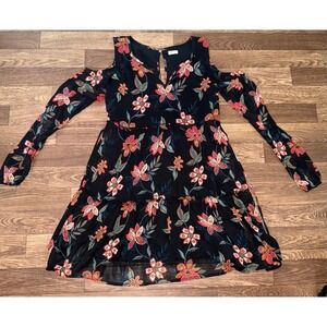 Hollister Floral Cold Shoulder Long Sleeve Dress Tiered Black‎ XS
